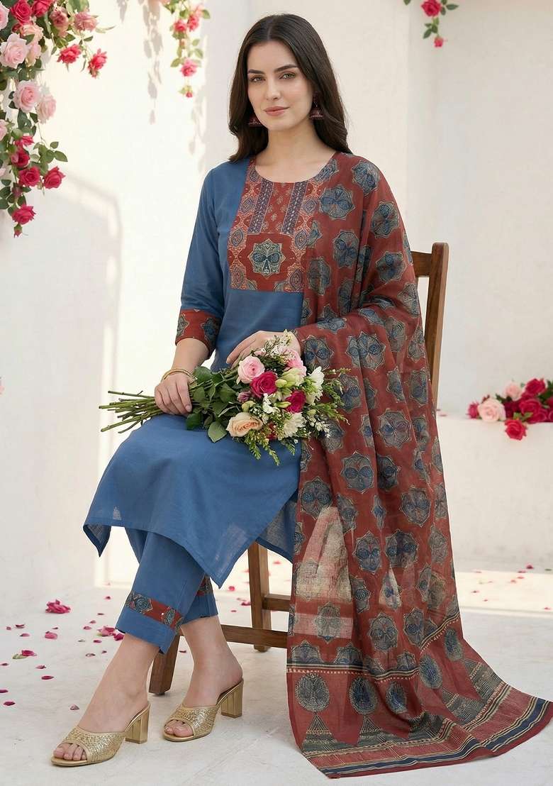 Blue Printed Cotton Kurta Set - Indya