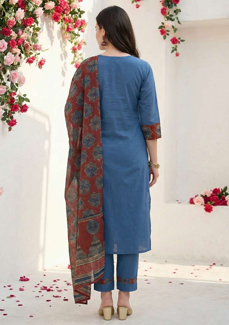 Blue Printed Cotton Kurta Set - Indya