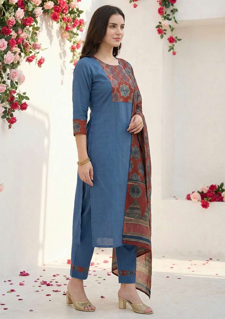 Blue Printed Cotton Kurta Set - Indya