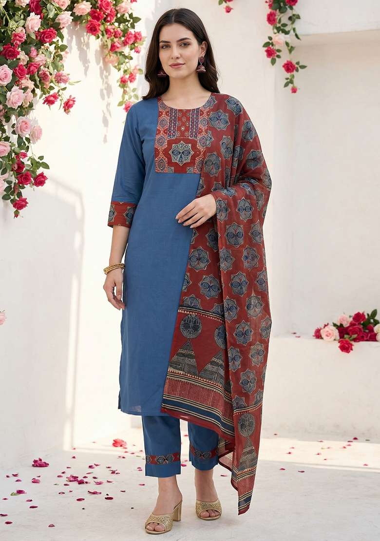 Blue Printed Cotton Kurta Set - Indya