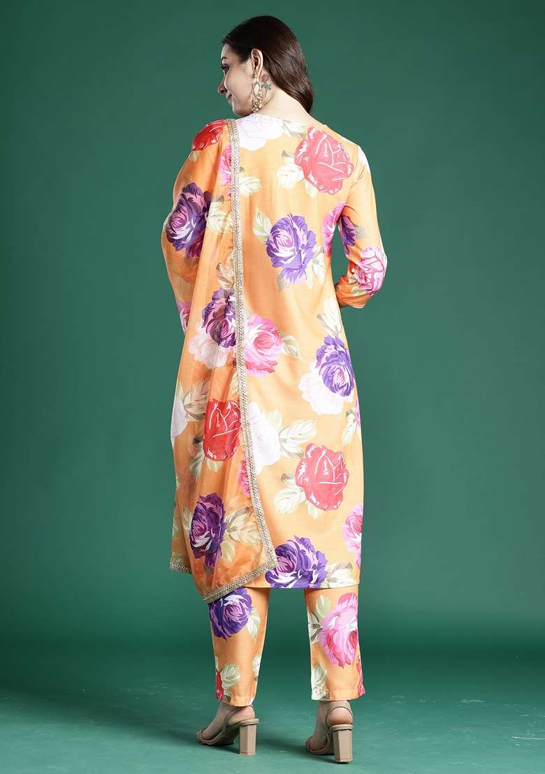 Orange Printed Cotton Kurta Set - Indya
