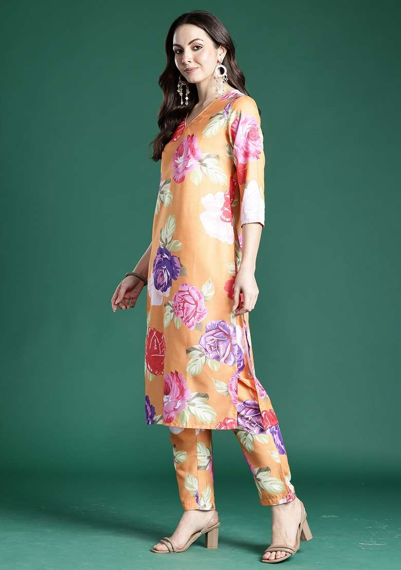Orange Printed Cotton Kurta Set - Indya