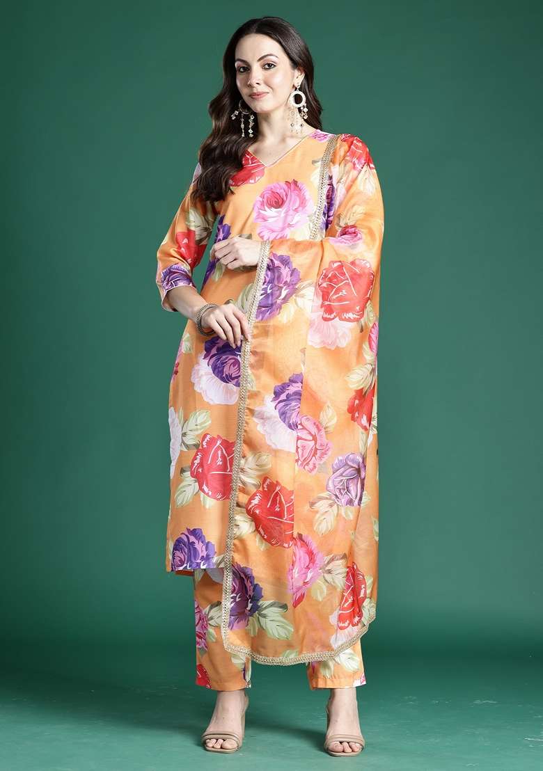 Orange Printed Cotton Kurta Set - Indya