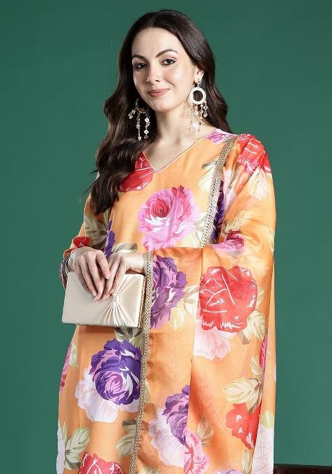 Orange Printed Cotton Kurta Set
