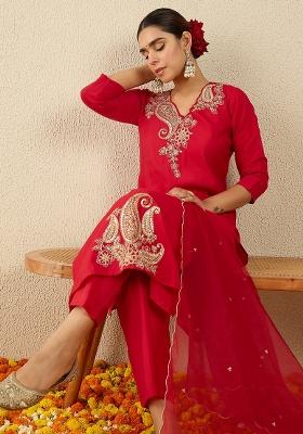 Red Embroidered Liva Kurta Set