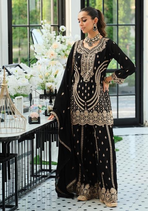 Black Embroidered Silk Kurta Set