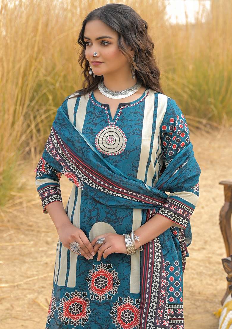 Blue Printed Cotton Kurta Set - Indya