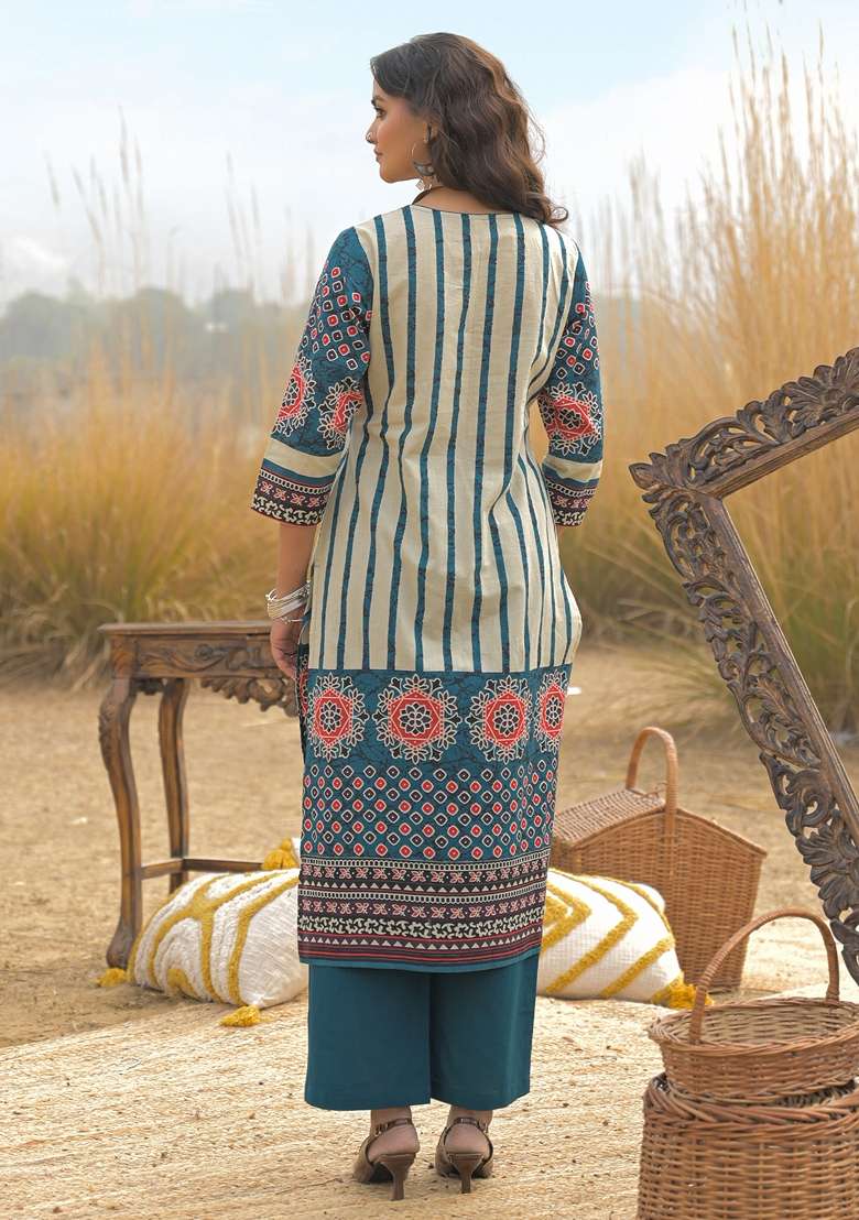Blue Printed Cotton Kurta Set - Indya