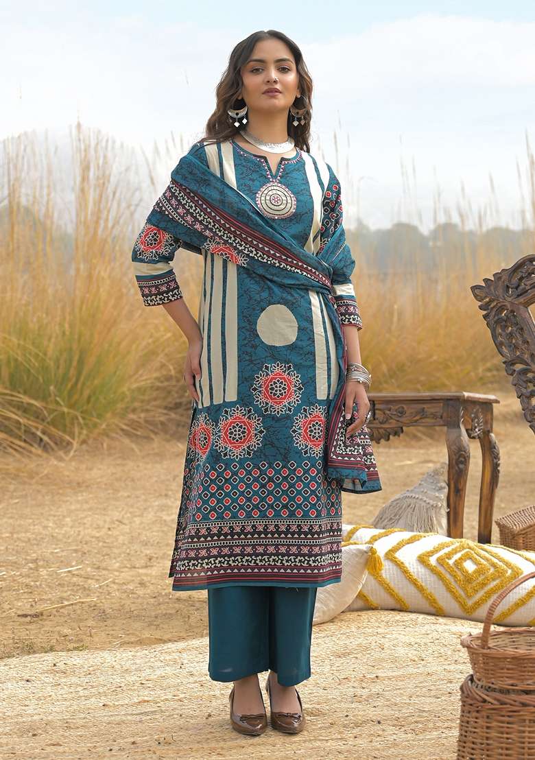 Blue Printed Cotton Kurta Set - Indya