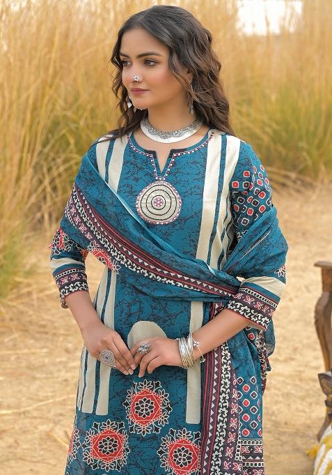 Blue Printed Cotton Kurta Set