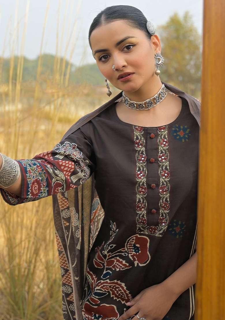 Brown Printed Cotton Kurta Set - Indya