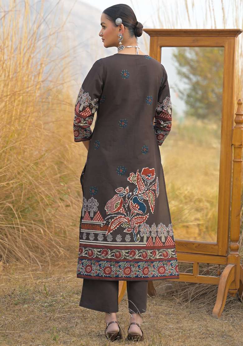 Brown Printed Cotton Kurta Set - Indya