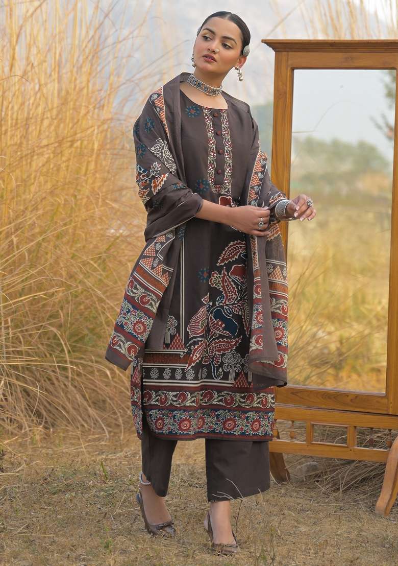 Brown Printed Cotton Kurta Set - Indya
