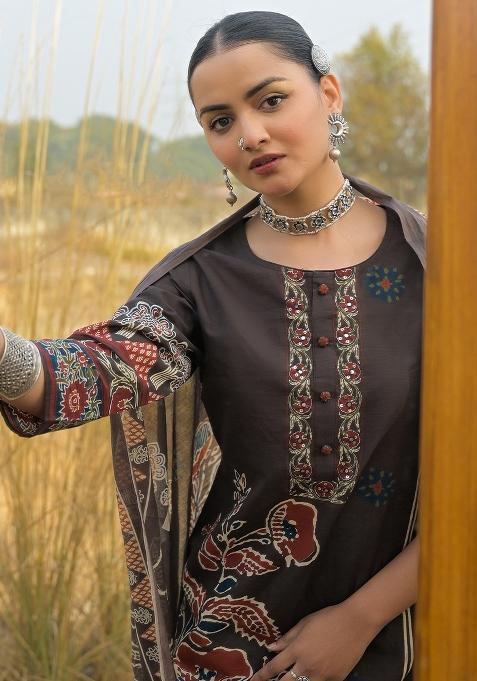 Brown Printed Cotton Kurta Set