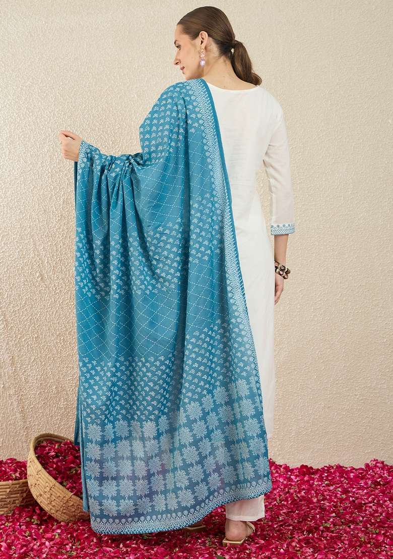 White Embroidered Cotton Kurta Set - Indya