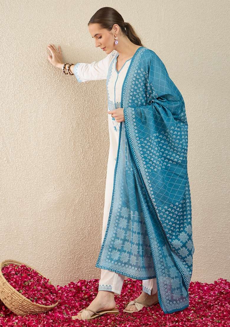 White Embroidered Cotton Kurta Set - Indya