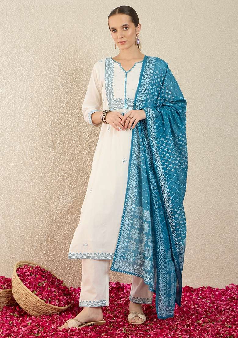 White Embroidered Cotton Kurta Set - Indya