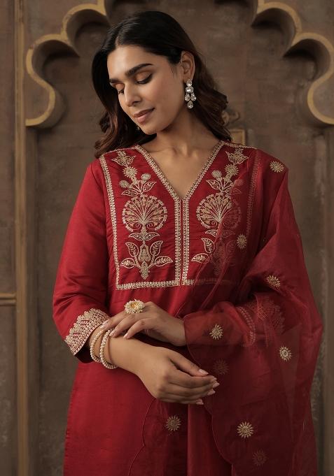 Maroon Embroidered Silk Kurta Set