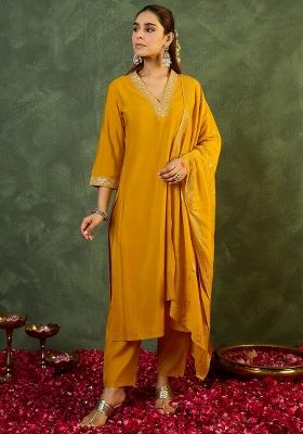 Yellow Embroidered Silk Kurta Set