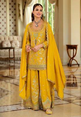 Yellow Embroidered Silk Kurta Set
