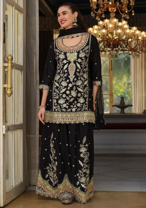 Black Embroidered Silk Kurta Set