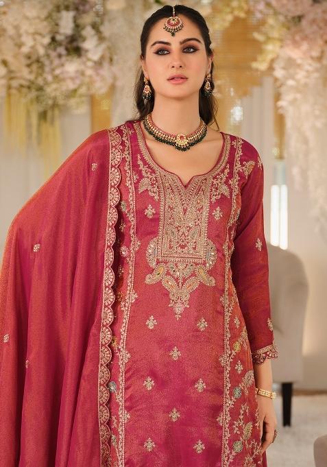 Pink Embroidered Silk Kurta Set