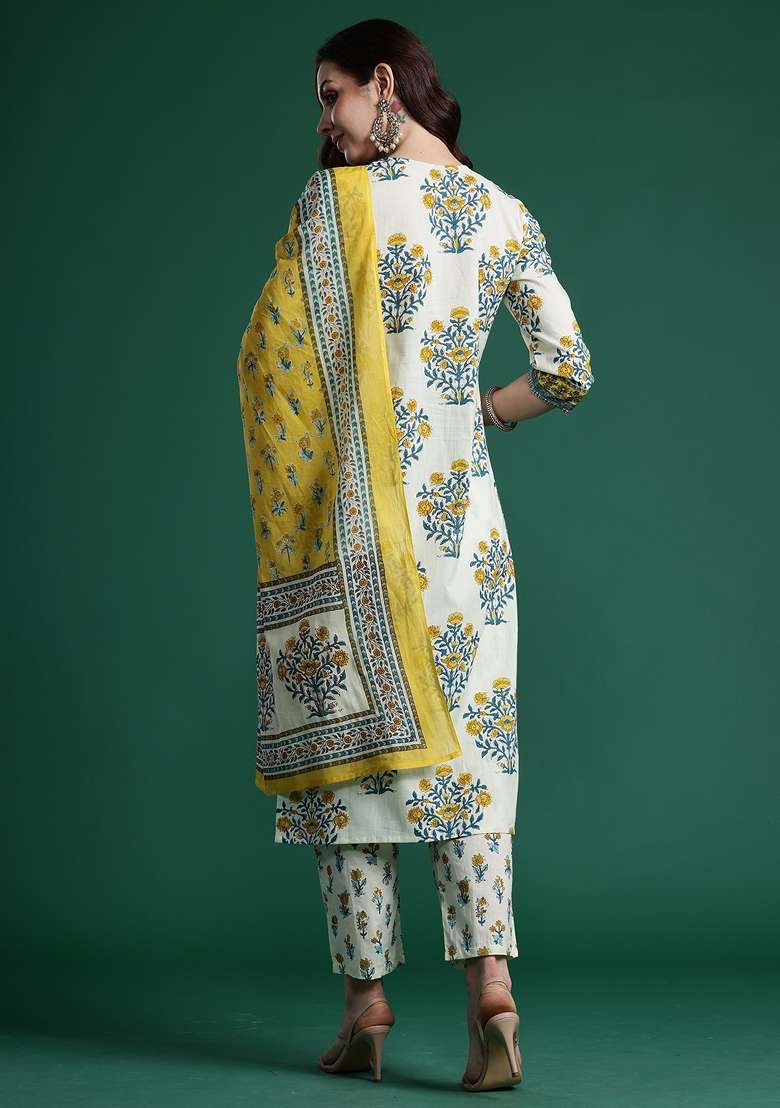 Off White Printed Cotton Kurta Set - Indya