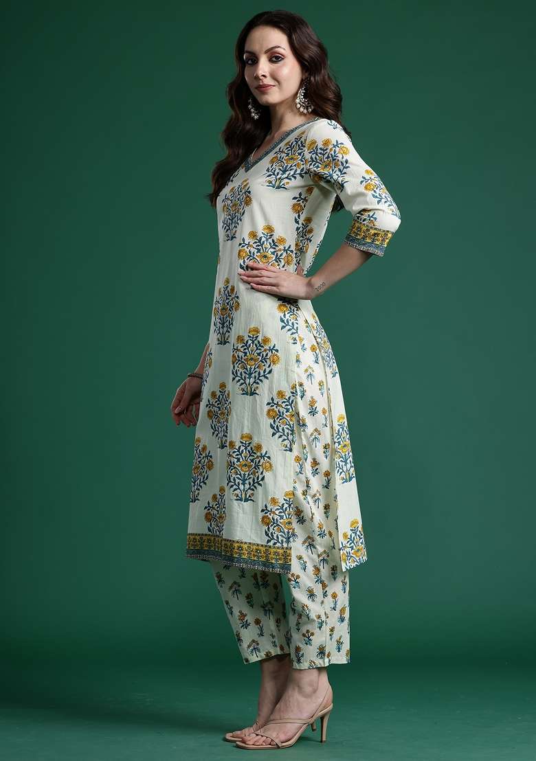 Off White Printed Cotton Kurta Set - Indya