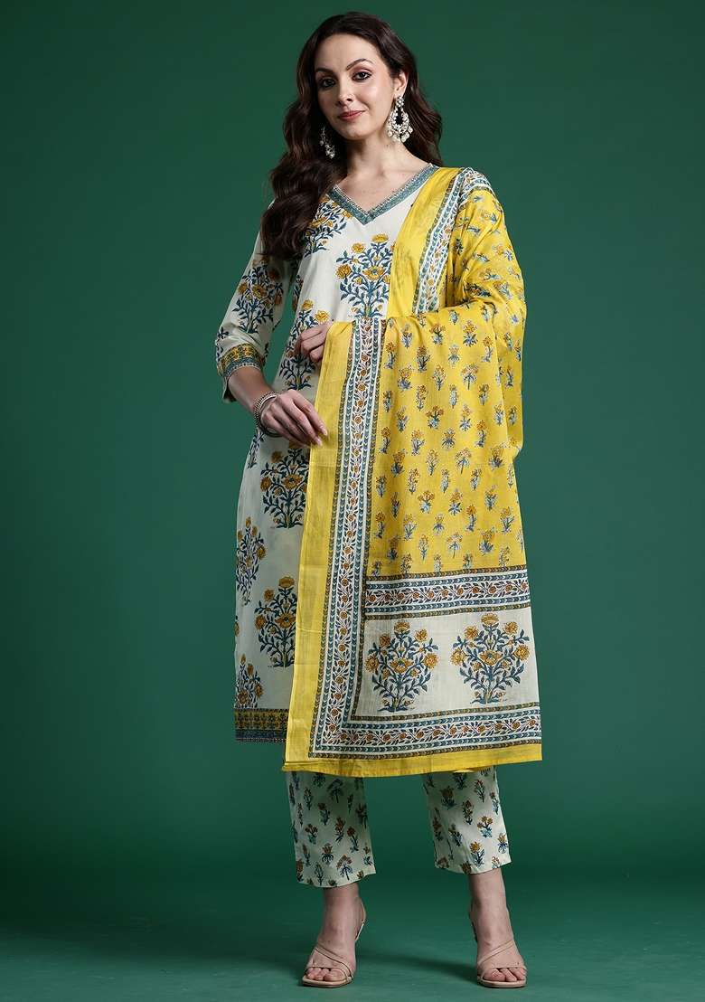 Off White Printed Cotton Kurta Set - Indya