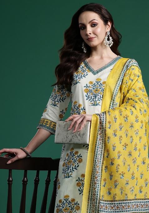 Off White Printed Cotton Kurta Set