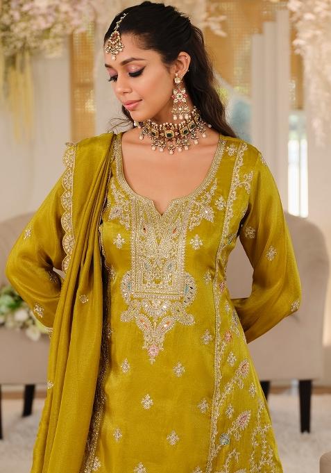 Mustard Embroidered Silk Kurta Set