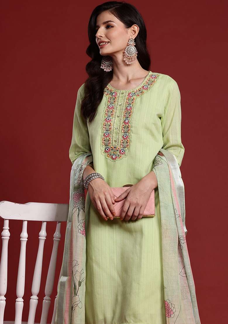 Green Embroidered Cotton Kurta Set - Indya