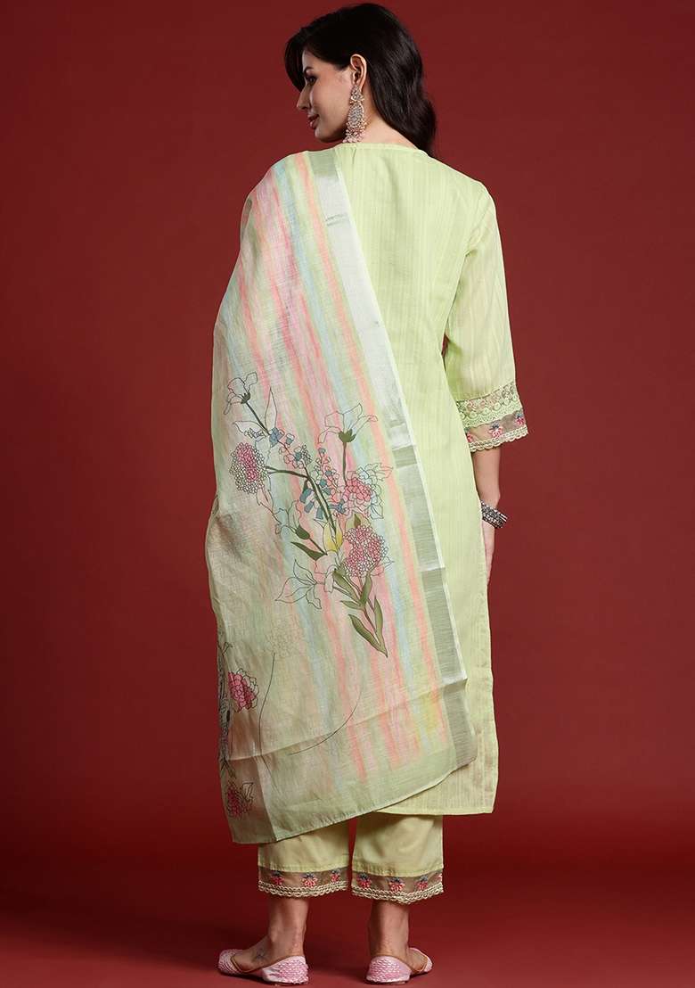 Green Embroidered Cotton Kurta Set - Indya