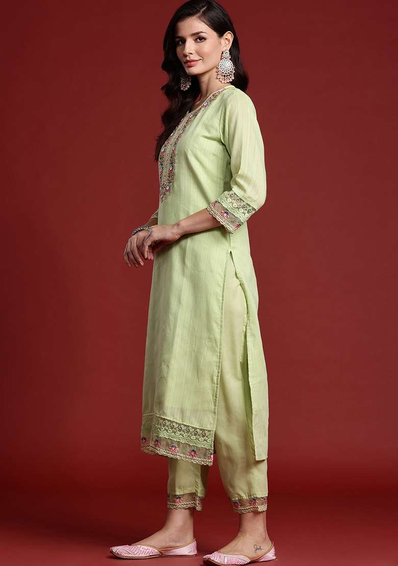 Green Embroidered Cotton Kurta Set - Indya