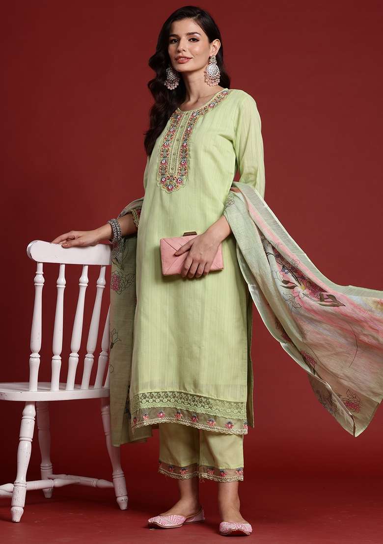 Green Embroidered Cotton Kurta Set - Indya