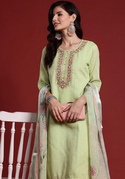 Green Embroidered Cotton Kurta Set