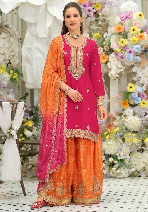 Pink Embroidered Silk Kurta Set