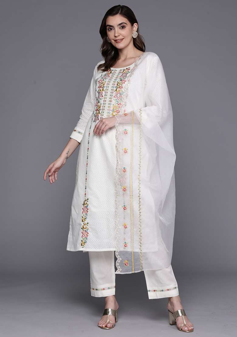 White Embroidered Cotton Kurta Set - Indya