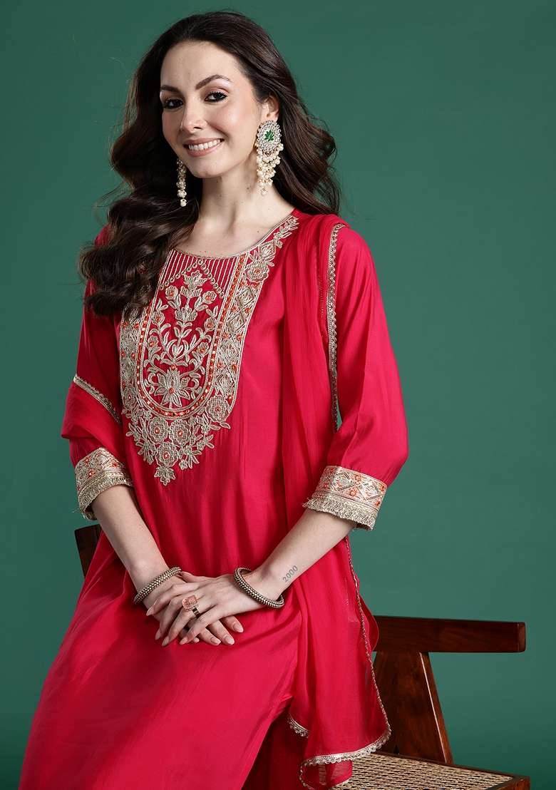 Pink Solid Silk Kurta Set - Indya