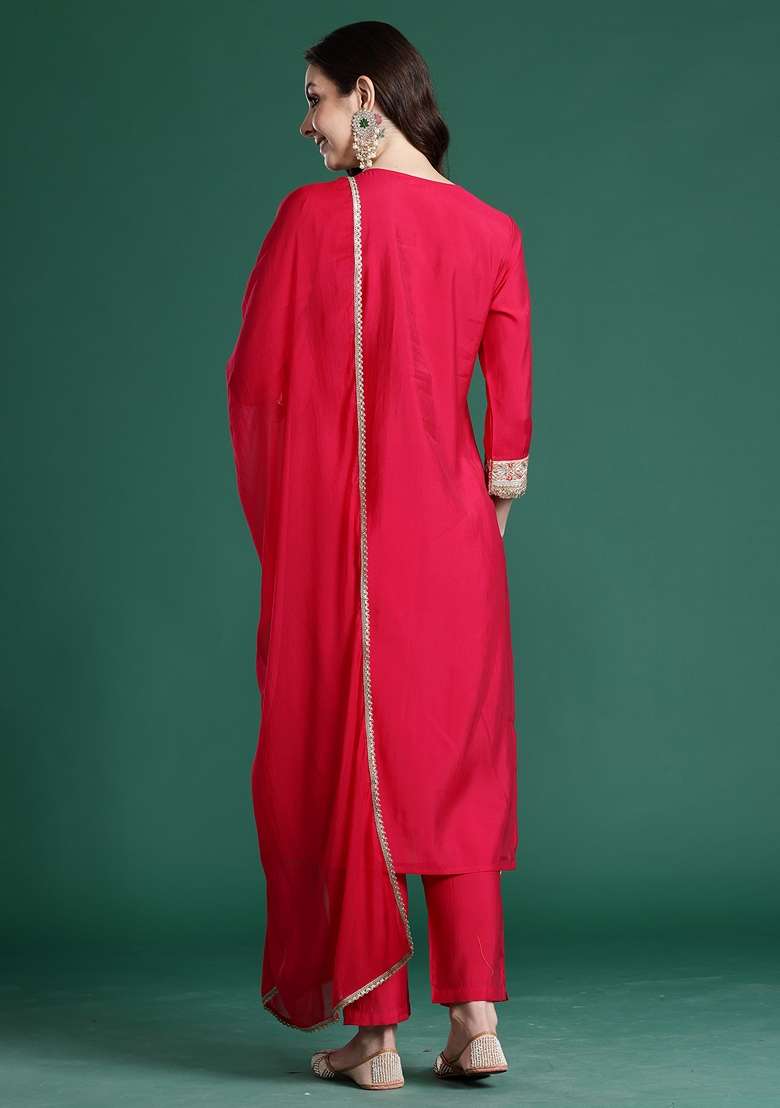Pink Solid Silk Kurta Set - Indya
