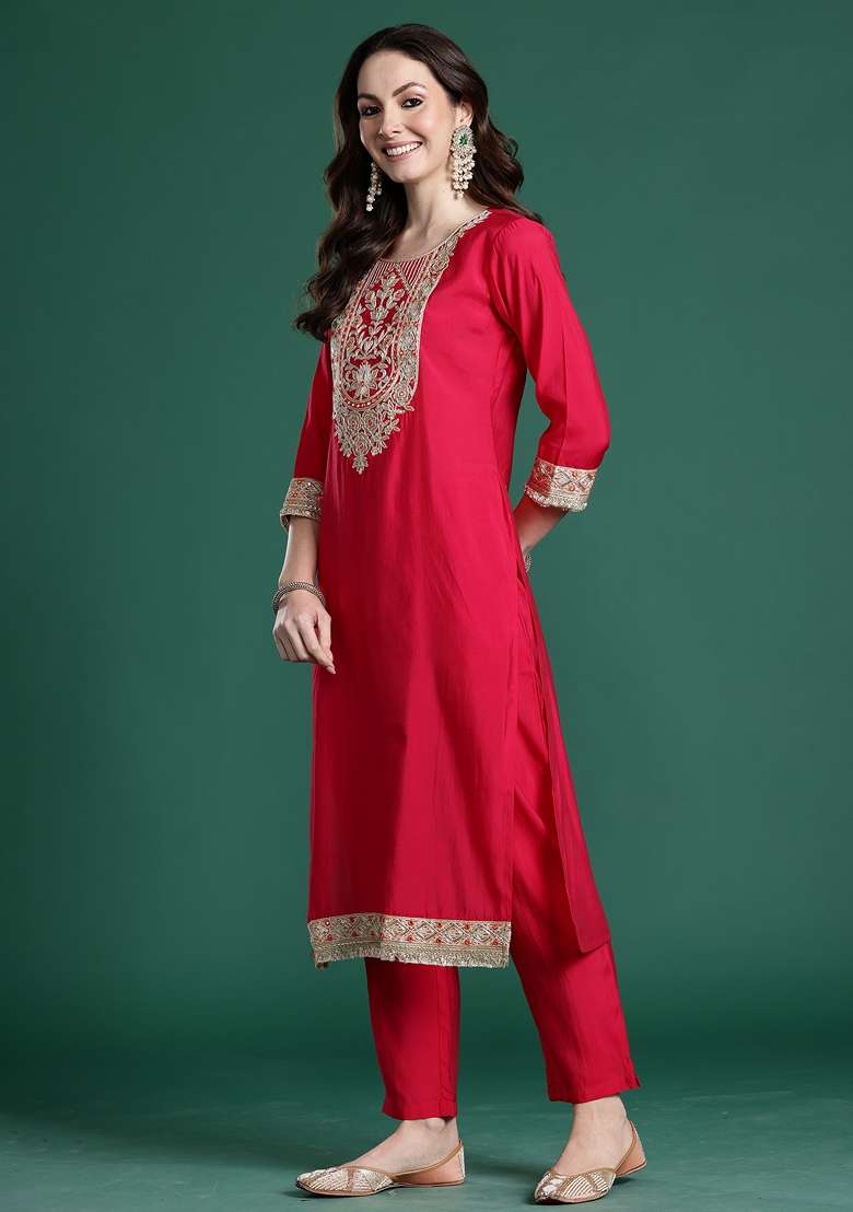Pink Solid Silk Kurta Set - Indya
