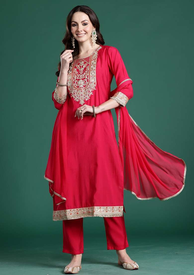 Pink Solid Silk Kurta Set - Indya