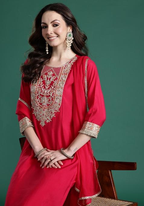 Pink Solid Silk Kurta Set