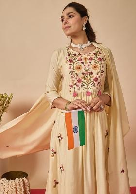Cream Embroidered Silk Kurta Set