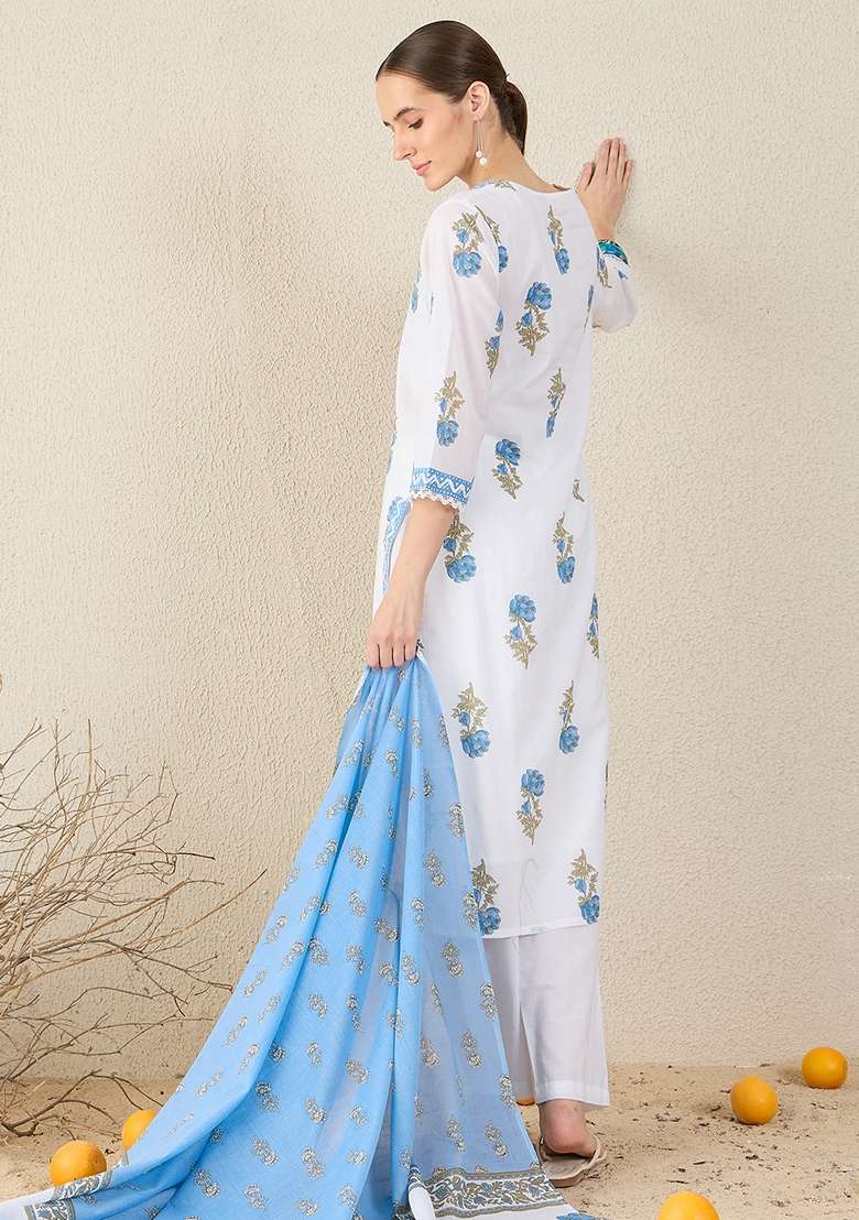 White Printed Cotton Kurta Set - Indya