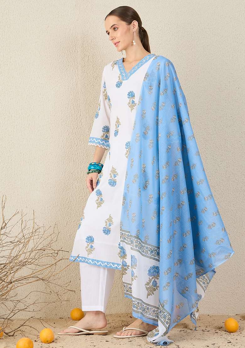 White Printed Cotton Kurta Set - Indya