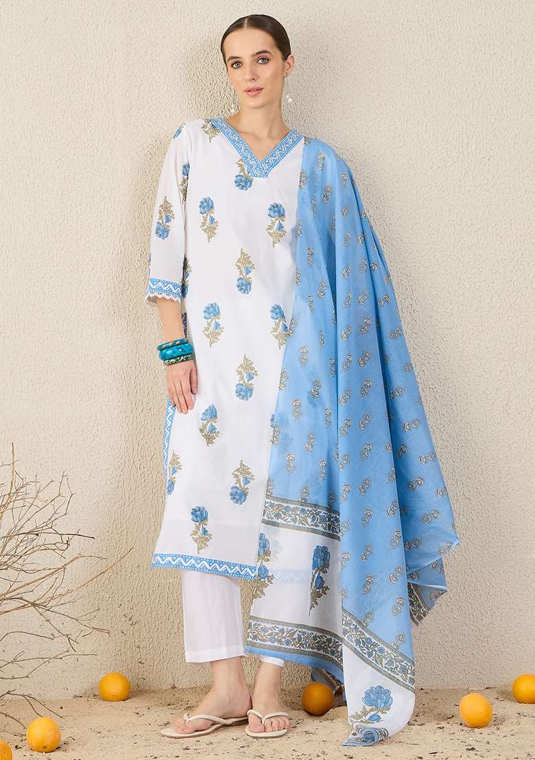 White Printed Cotton Kurta Set - Indya
