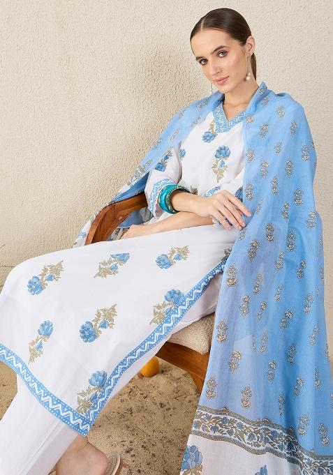 White Printed Cotton Kurta Set