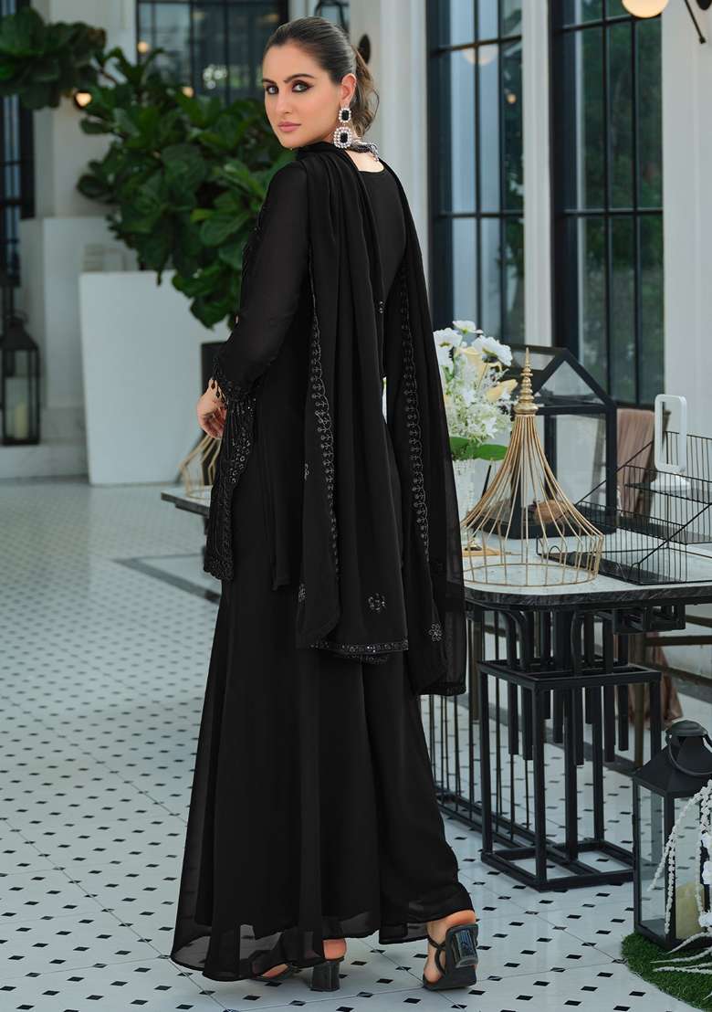 Black Embroidered Georgette Kurta Set - Indya