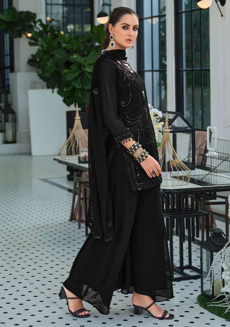 Black Embroidered Georgette Kurta Set - Indya